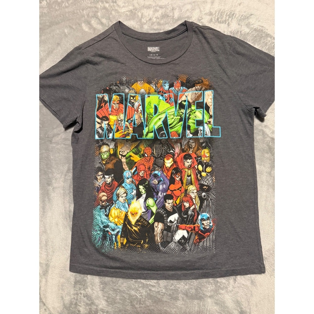 Marvel Graphic T-Shirt Mens Large Charcoal Grey Character Collage Comic Tee